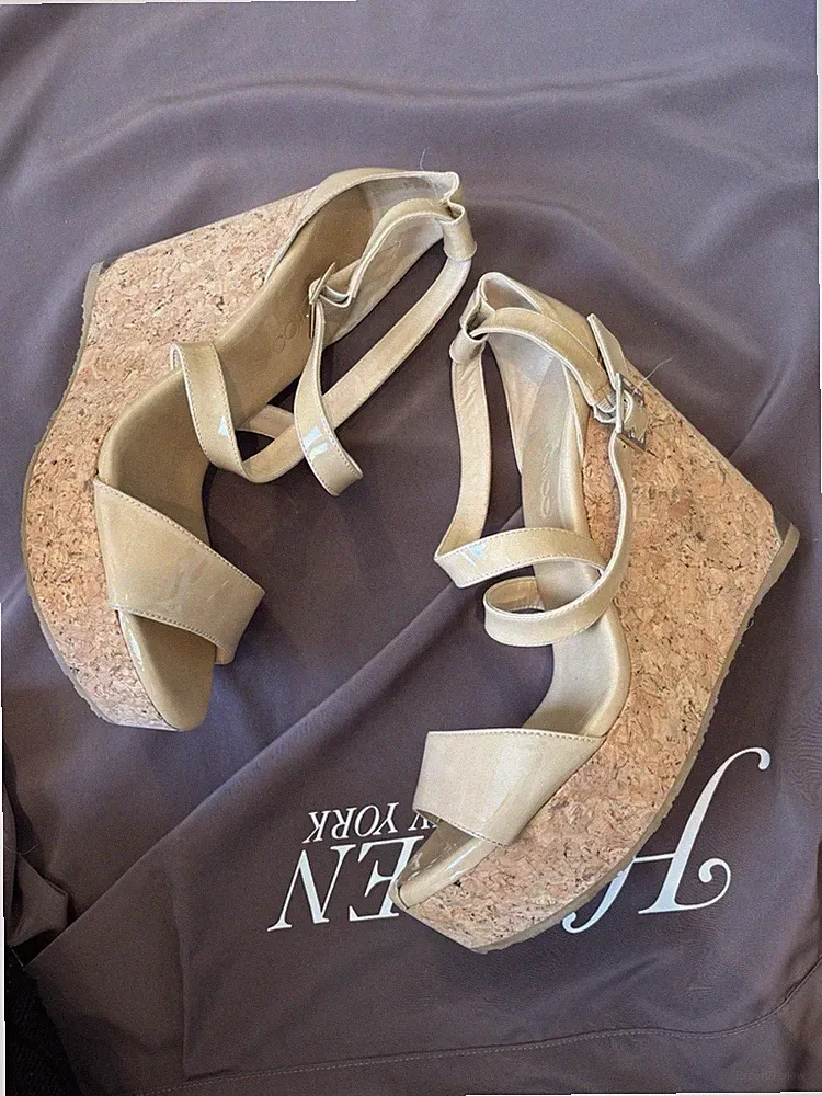Jimmy Choo Beige Patent Leather perfume Cork Wedge Sandals Size 40 US 10