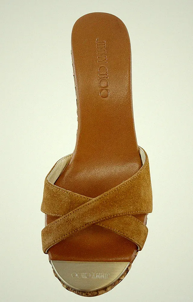 NWB JIMMY CHOO Perfume Suede Platform Wedges 37.5 7.5 US Brown Lasered Cork